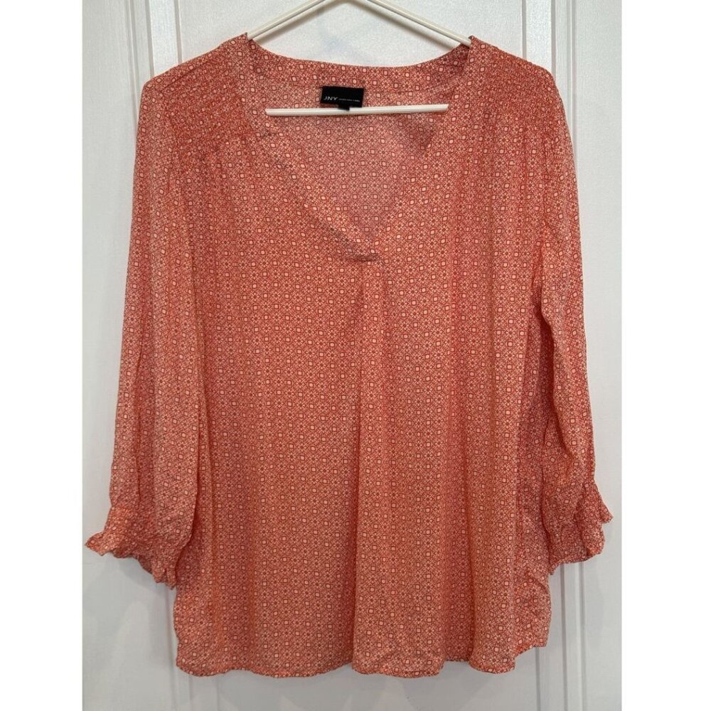 Jones NY Coral & White Floral Blouse L V-Neck 3/4 Length Sleeves Boho EUC Casual